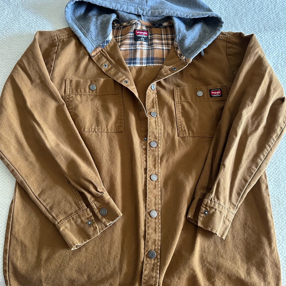Wrangler Tan Shirt Jacket with Gray Hood